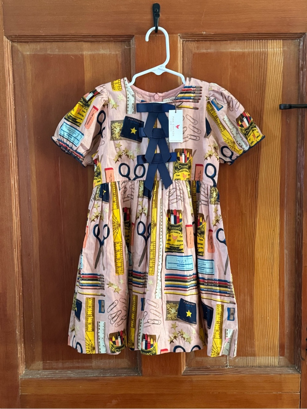 NWT Pink Chicken Hermione Pink School Supplies Print Dress with Navy Bows